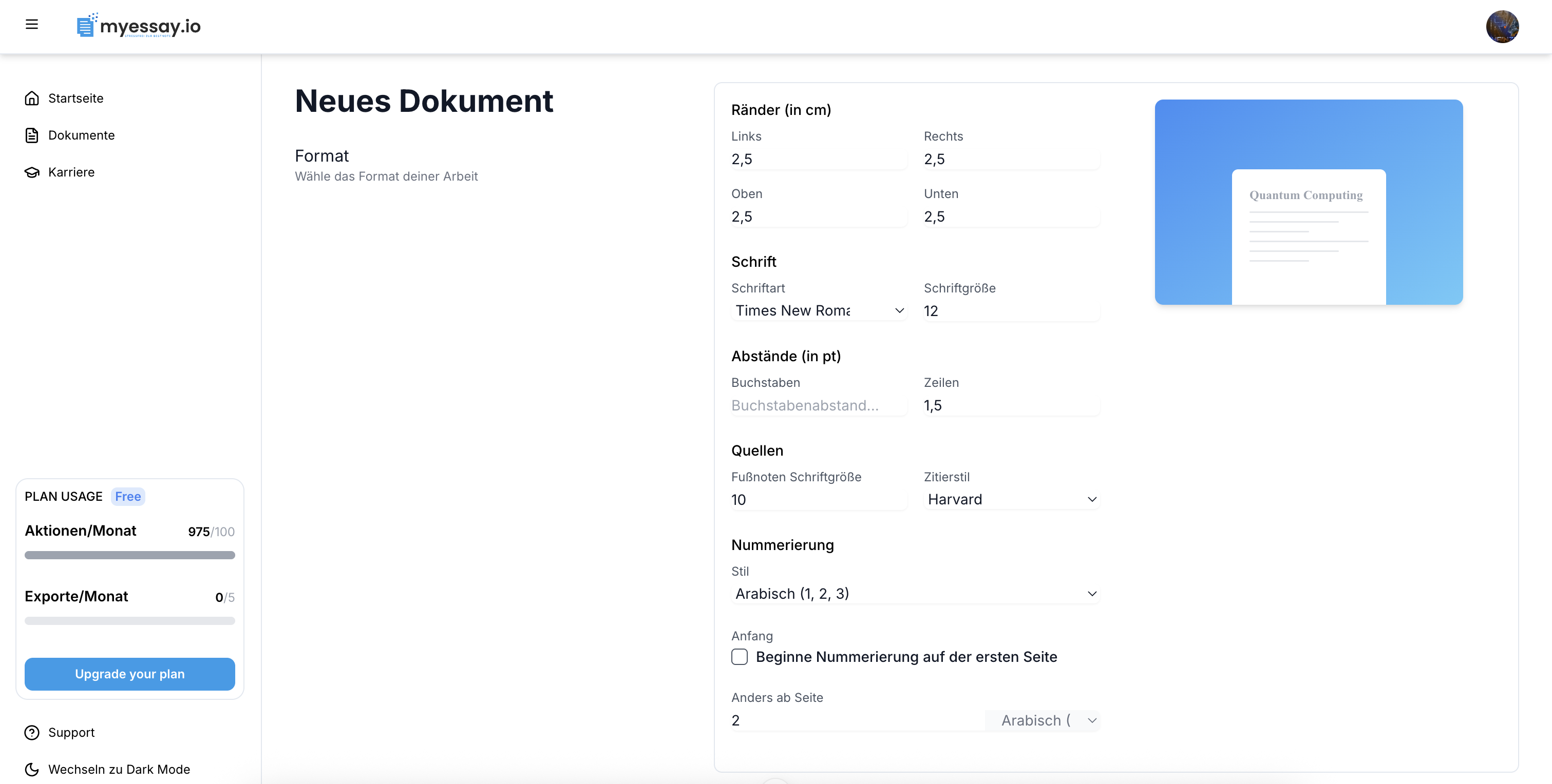 MyEssay.io Editor Format Settings